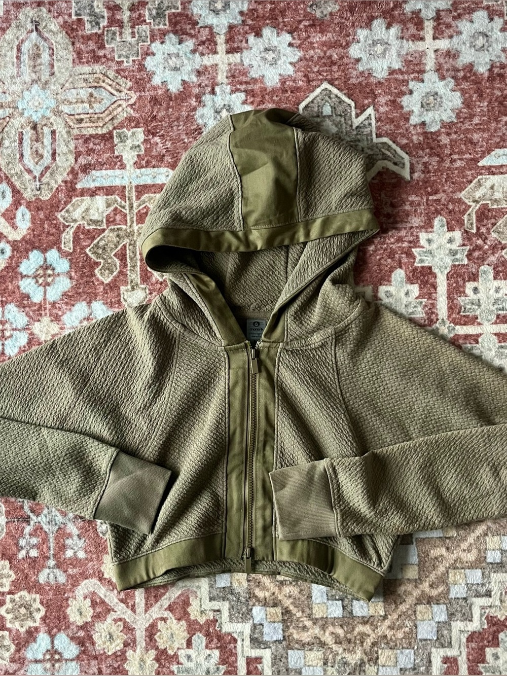 Mono B Olive Textured Zip Up Cropped Hoodie – Cozy, Modern Fit